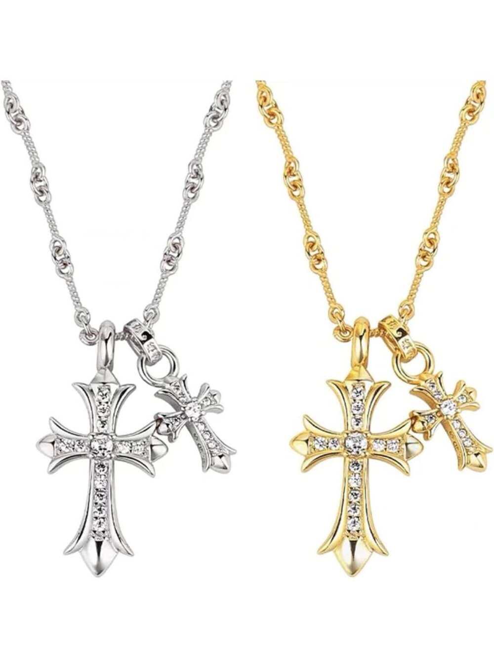 Men's Gold Silver Double Diamond Two Cross Pendant Charm Link Chain Necklaces